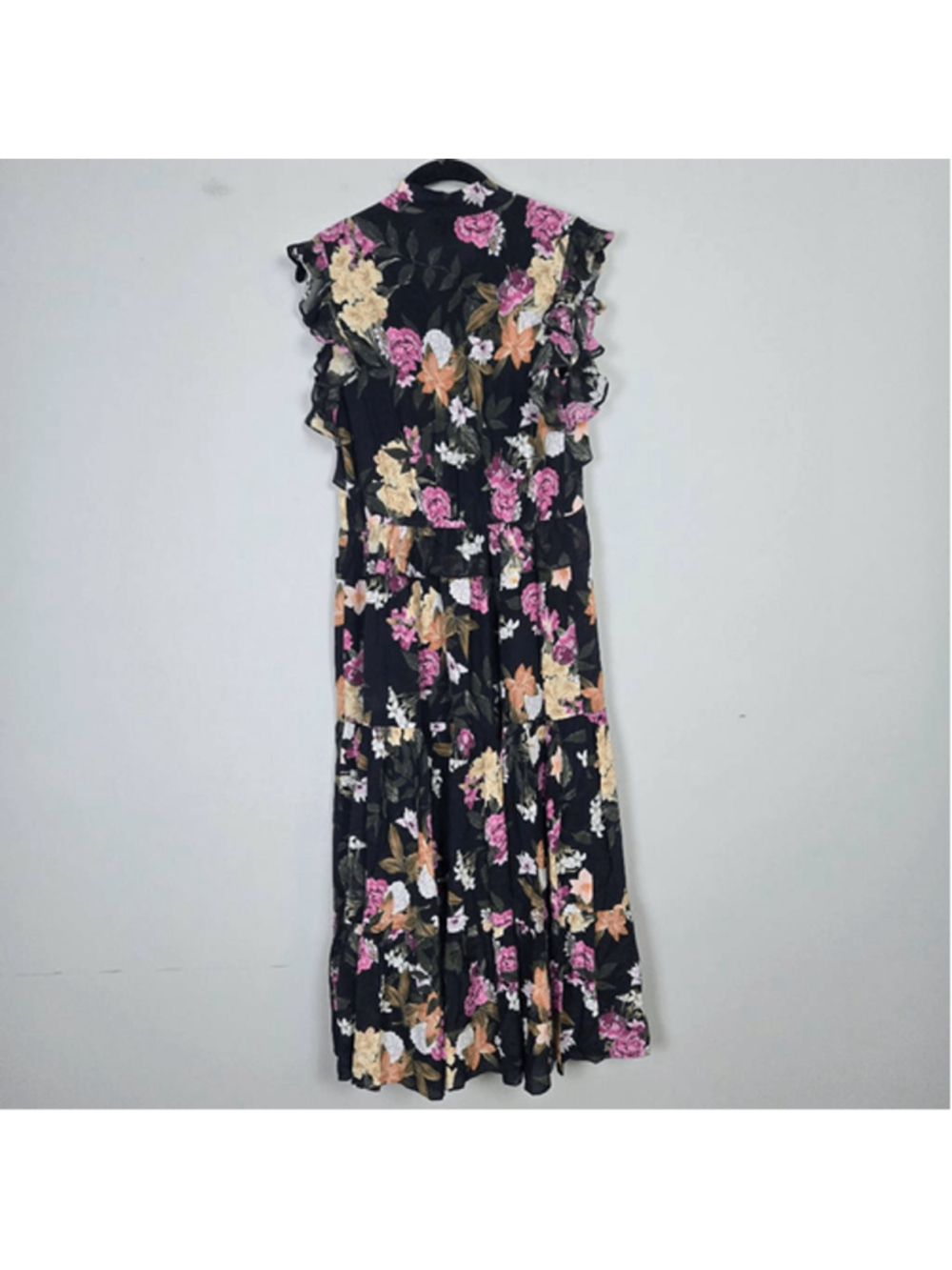 Kachel Womens Ruffle Silk Floral Midi Dress Size 8 Black Tiered Fairy Romantic - Picture 3 of 9